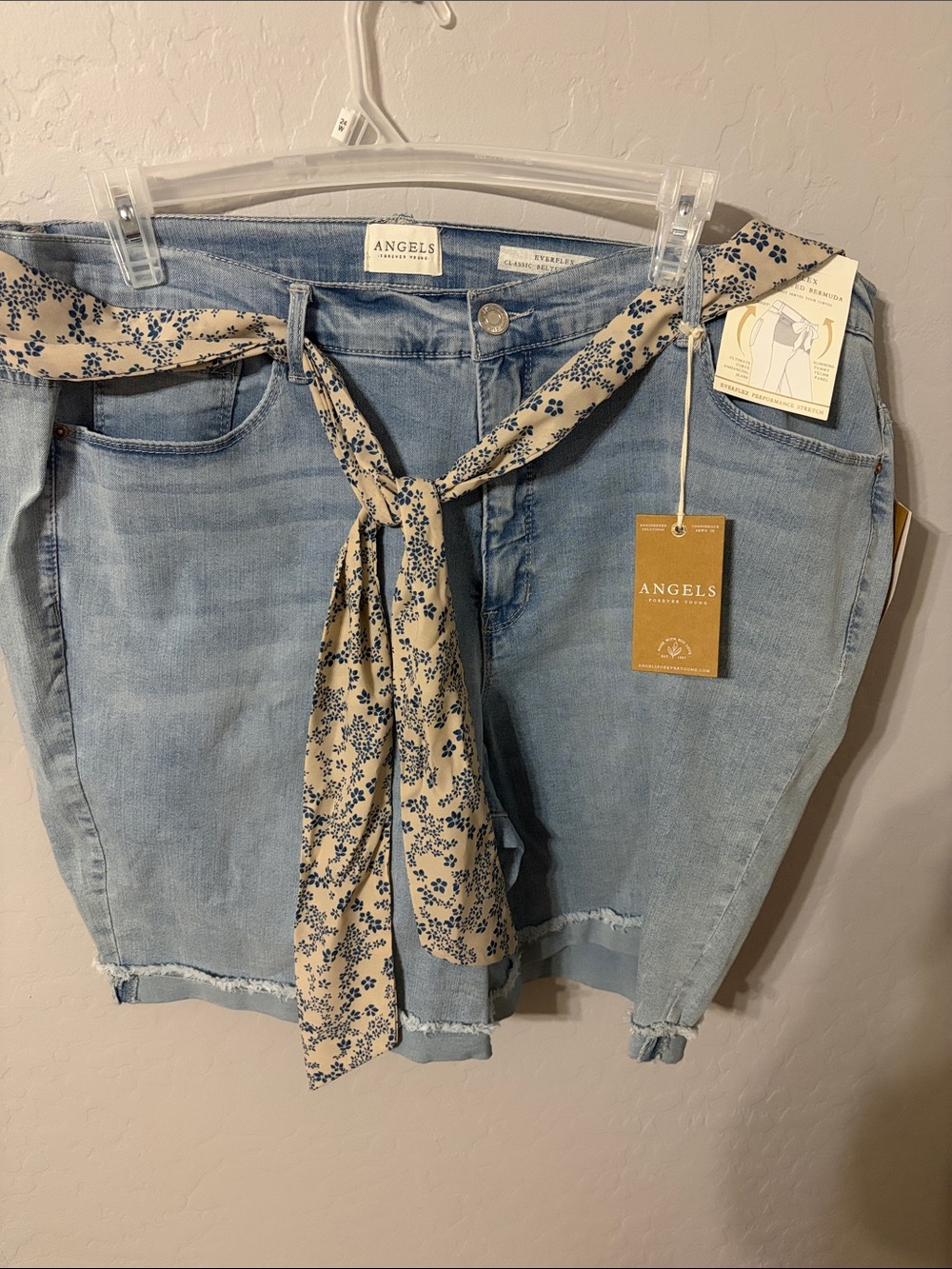 Angels Light Blue Denim Bermuda shorts with Beige Floral Tie Belt